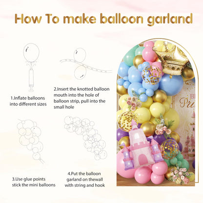 102pcs Princess Balloon Garland Arch Kit with Giant Pink Castle & Gold Crown Foil Balloons, 18/12/10/5 Inch Macaron Pastel Rainbow Latex for Girls Birthday, Fairytale Baby Shower