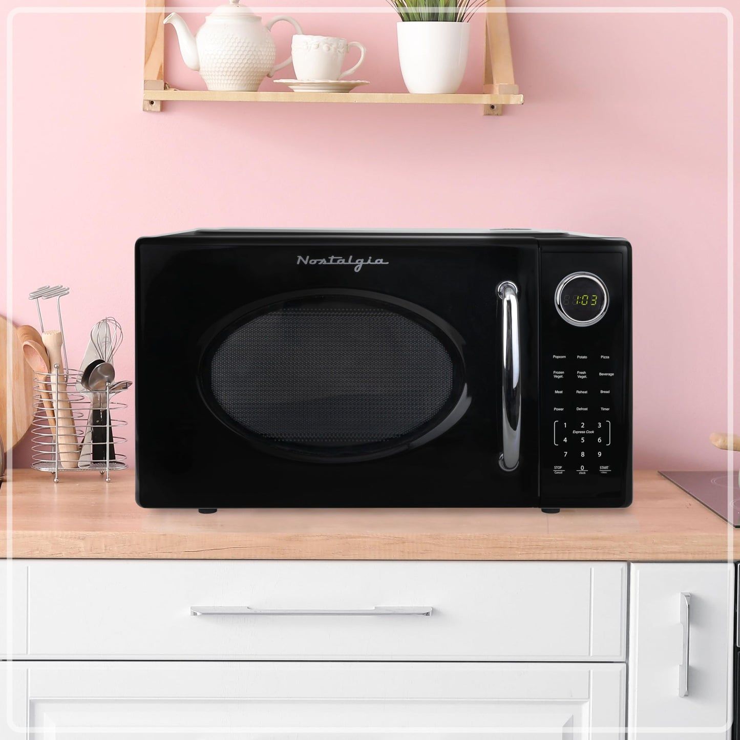Nostalgia Retro Microwave Oven - 0.7 Cu Ft, 700-Watt Countertop Size with Glass Turntable, Child Safety Lock, 8 Auto-Cook Programs, Digital Clock - Aqua