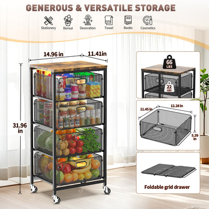SUNALLY Rolling Kitchen Cart with Drawers, 4-Tier Utility Cart Fruit Vegetable Storage Cart with Lockable Wheels, Wooden Top Metal Kitchen Storage Organizer for Cans, Snacks, Beauty, Craft, Art, Black
