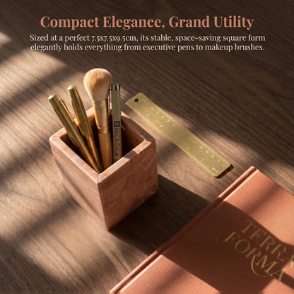KEBTN Natural Marble Pen Holder, 2.95” x 3.74” Square Makeup Brush Organizer, Toothbrush Holder, Multi-Purpose Marble Caddy for Desk, Bathroom Vanity, Small Flower Vase & Office Supplies (Rosa Verona)