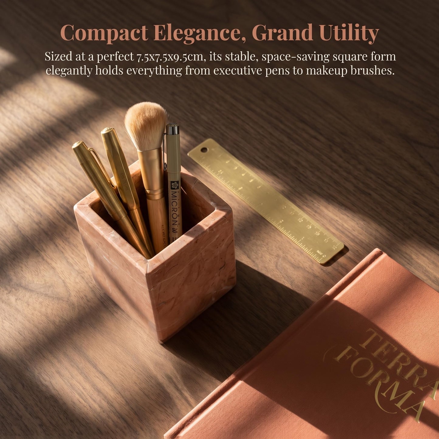 KEBTN Natural Marble Pen Holder, 2.95” x 3.74” Square Makeup Brush Organizer, Toothbrush Holder, Multi-Purpose Marble Caddy for Desk, Bathroom Vanity, Small Flower Vase & Office Supplies (Rosa Verona)