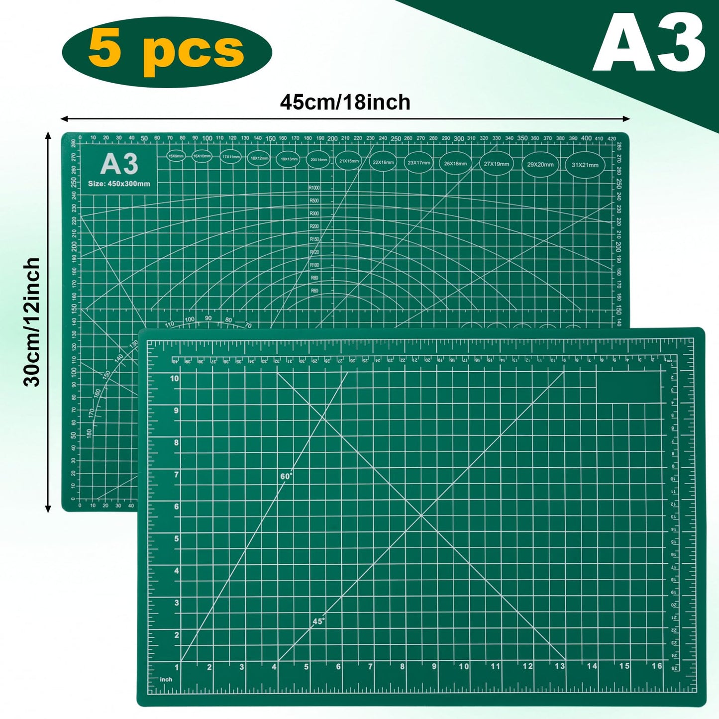 A3 Self Healing Cutting Mat Set, 5 Pack Double-Sided PVC Cutting Mats for Crafts with Inch, Metric, and Angle Guides for Sewing, Quilting, and DIY Cutting