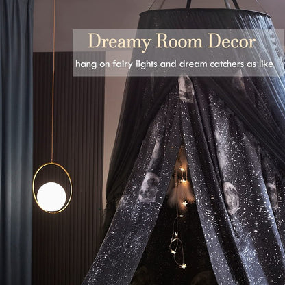 Kertnic Gorgeous Moon Printed Bed Canopy for Girls & Adults, Room Decorative Cozy Bed Curtain Canopy Drapes, Round Dome Luxurious Lace Princess Canopies Mosquito Netting (Print Moon)