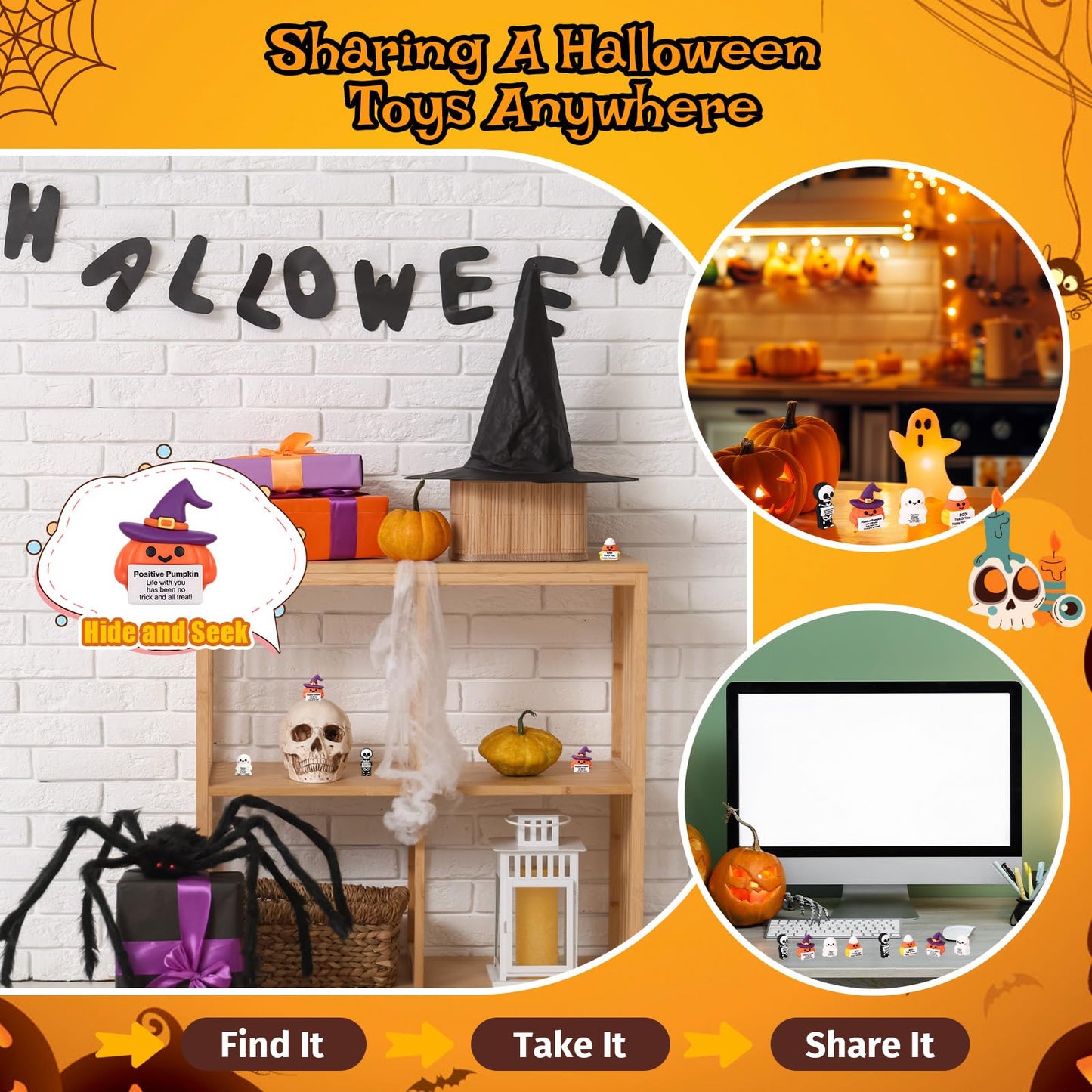 Gejoy 25 Pcs Halloween Mini Rubber Figurine with Motivational Messages Mini Ghost Pumpkin Candy Corn Skeleton Positivity Signs for Office Home Halloween Party Decorations Gifts