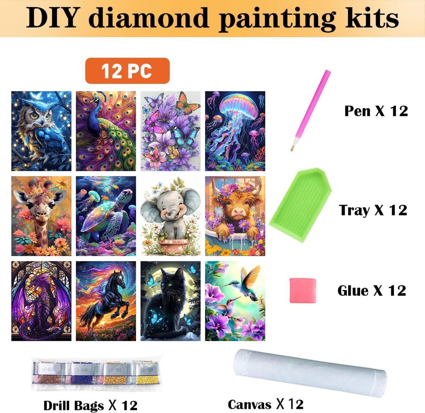 CraftCraze 12 Pack Animals Diamond Art Painting Kits for Adults - 5D Diamond Dots for Adults Beginner,DIY Round Full Drill Gem Art Painting by Numbers kit for Wall Decor Gifts 12x16 inch