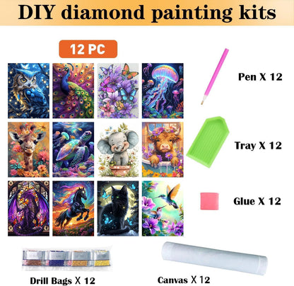 CraftCraze 12 Pack Animals Diamond Art Painting Kits for Adults - 5D Diamond Dots for Adults Beginner,DIY Round Full Drill Gem Art Painting by Numbers kit for Wall Decor Gifts 12x16 inch