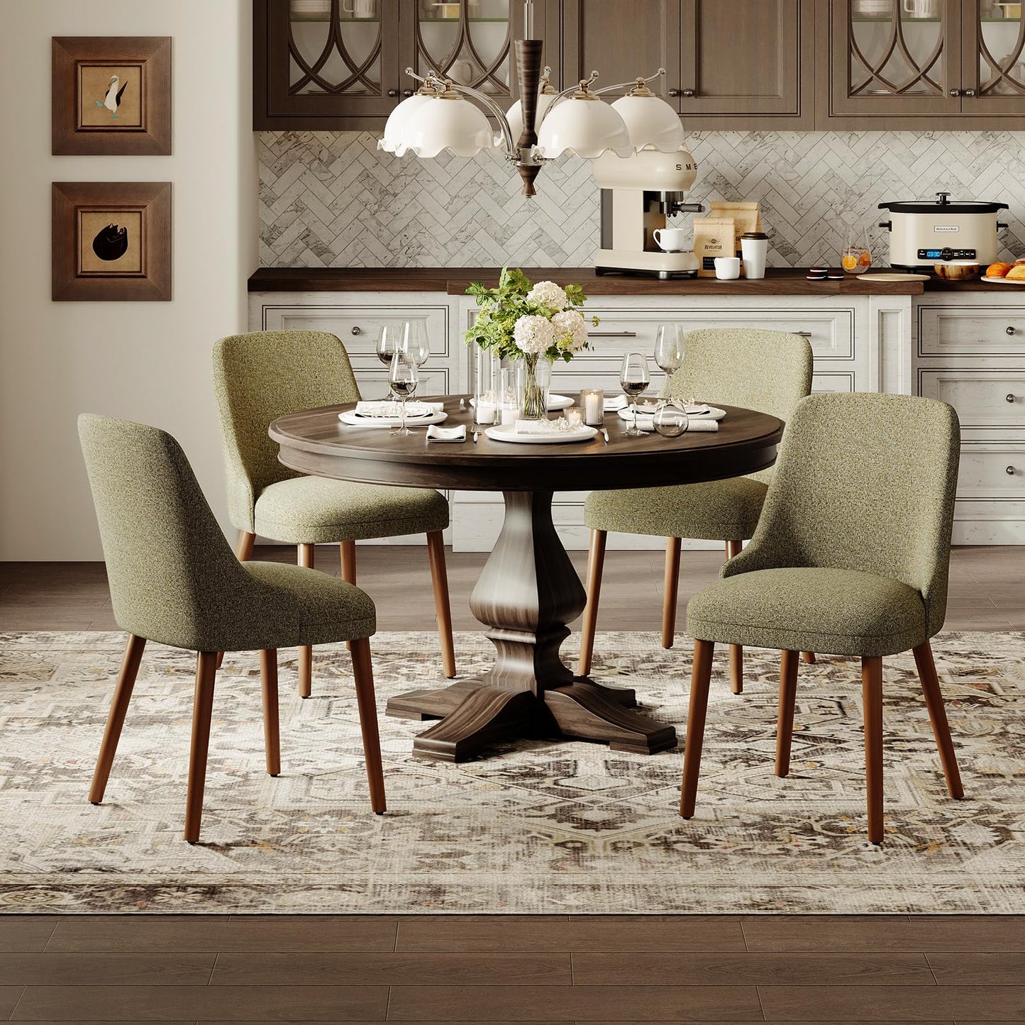 MALOL Upholstered Dining Chairs Set of 4, High-Back Dining Room Chair with Wood Legs, Padded Kitchen Chairs for Dining Room/Restaurant/Cafe, Green