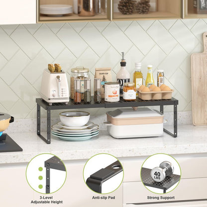 RUILALIFE Expandable Cabinet Organizer Shelf With Adjustable Height, Stackable Kitchen Countertop Organizer Rack, Adjustable Shelf Riser For Kitchen Counter, Pantry, Cupboard, Desk, Tabletop
