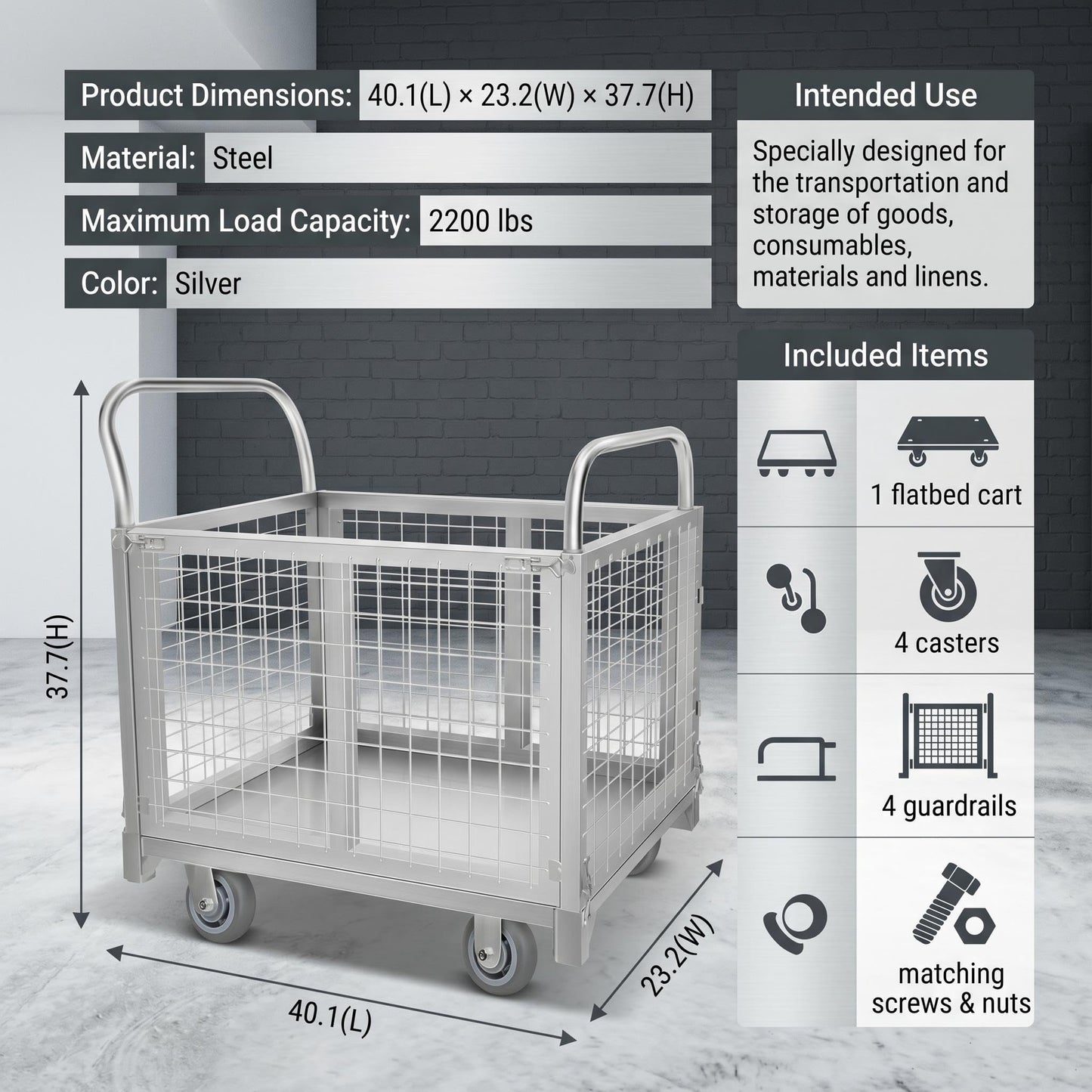 Heavy-Duty Foldable carts with cage, 39.4 x 23.6 inches Rolling cart, Capacity 2200LBS, Utility Heavy-Duty cart with Basket, for Warehouse Luggage handling, Silver