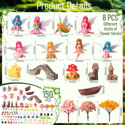 Seenelling 150 Pcs Fairy Garden Accessories Miniatures Figures Kit Micro Landscape Resin Mushroom Animals Fake Pond Lawn Bridge Garden Decoration
