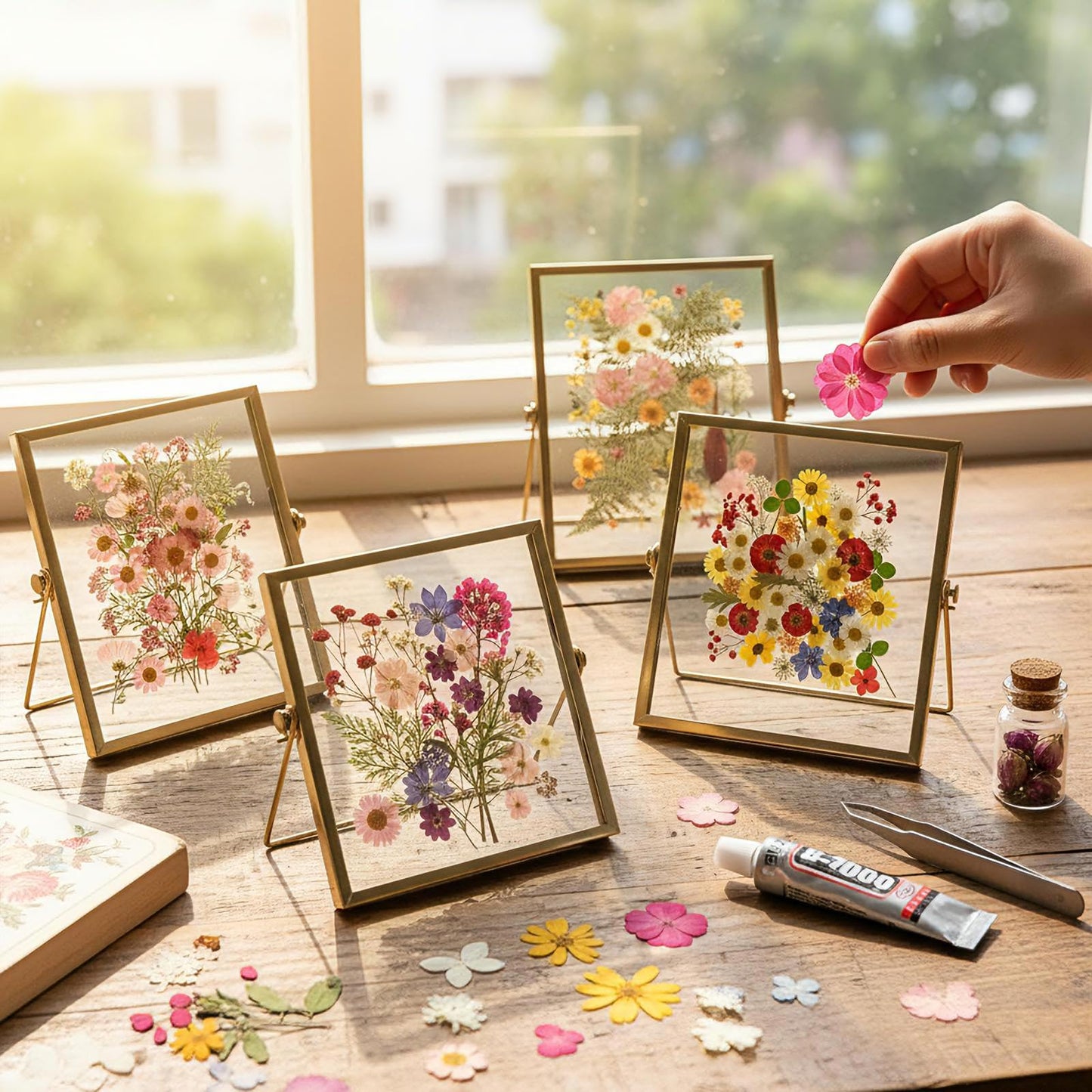 Thyle Flower Frame Pressed Kit, Include 4 Pcs Gold Metal Picture Frames and 140 Pcs Dried Pressed Flowers for Crafts DIY Floating Photo Frame for Tabletop Display, Home Decor, Gifts