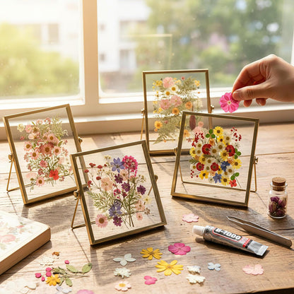 Thyle Flower Frame Pressed Kit, Include 4 Pcs Gold Metal Picture Frames and 140 Pcs Dried Pressed Flowers for Crafts DIY Floating Photo Frame for Tabletop Display, Home Decor, Gifts