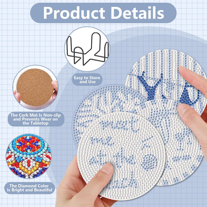 Beach Diamond Art Coasters Kit, 8 Pcs Beach Diamond Painting Coasters with Holder, 5D Gem Art Kit Easy Crafts, Non Slip Coaster for Home Decor Gift