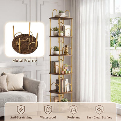Merkisa 5 Tier Rotating Bookshelf, 360° Spinning Bookshelf Tower, Narrow Corner Book Shelf, Revolving Bookcase Corner Tall Book Shelf for Small Spaces, Bedroom, Living Room, Gold