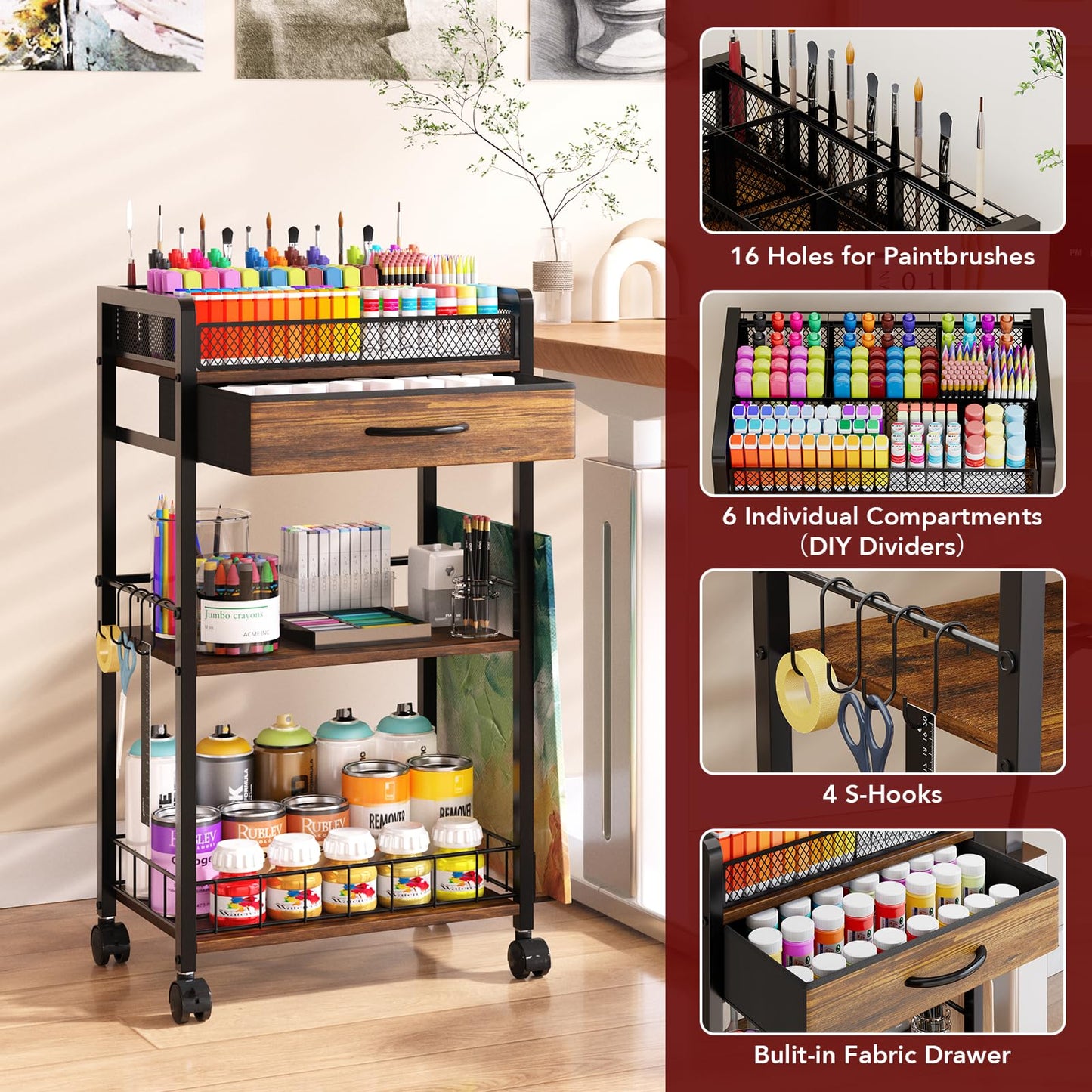 Homsorout 3 Tier Rolling Cart - Metal Utility Cart with Storage Drawer and Wheels, Versatile Art & Craft Organizer for Home, Office, or Studio Ideal for Storing Brushes, Paints, and Supplies Brown