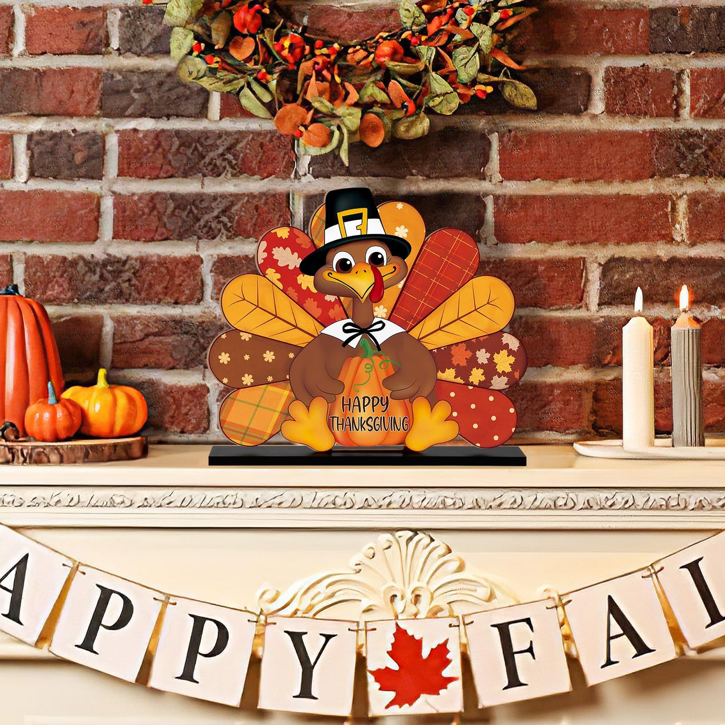 Thanksgiving Decorations Wooden Turkey Table Sign Fall Pumpkin Autumn Table Centerpieces Standing Tabletop Happy Thanksgiving for Holiday Harvest Home Room shelf Farmhouse Decorations Thanks Gives