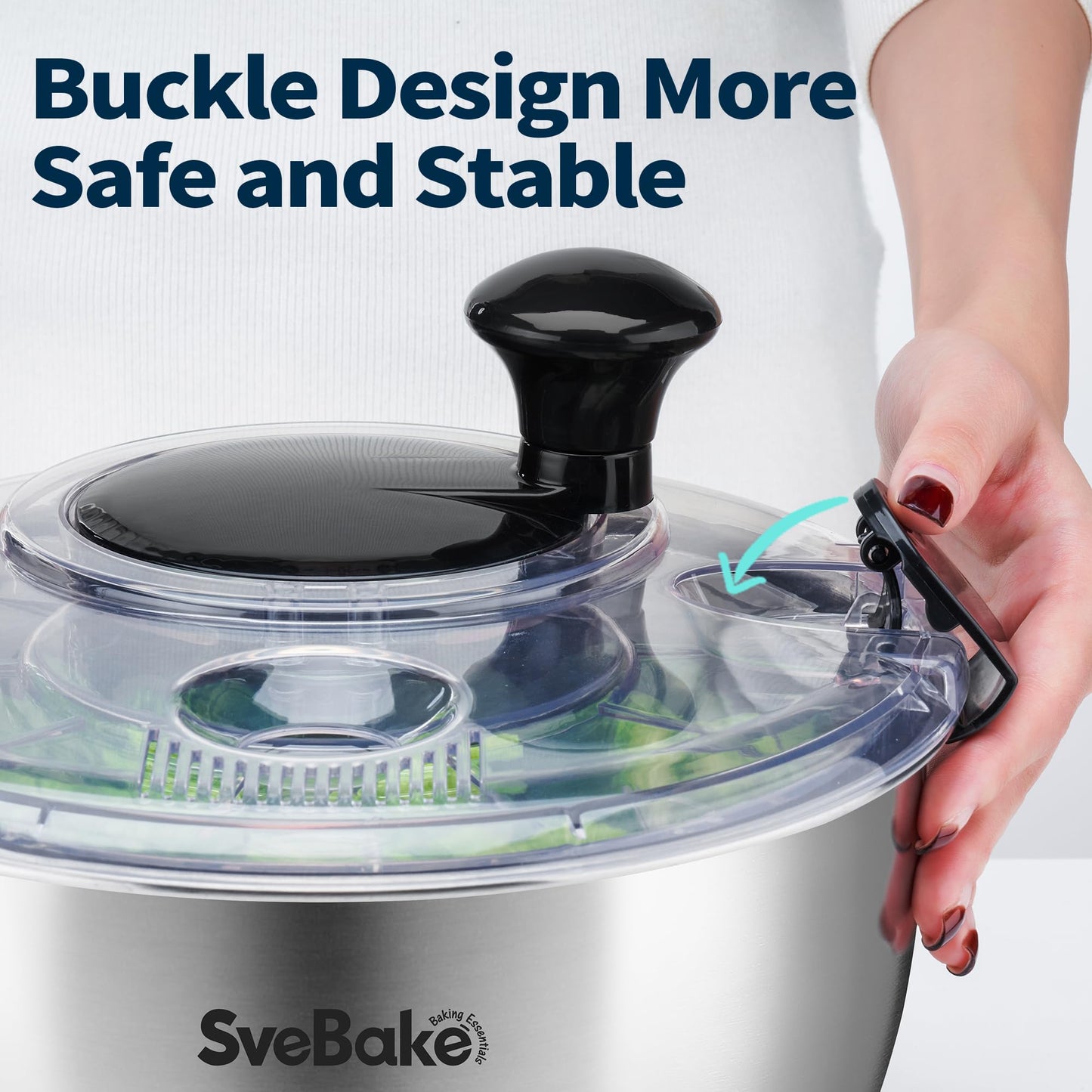 SveBake Stainless Steel Salad Spinner, 4.8 Qt Vegetable Washer, BPA-Free Lettuce Dryer with Crank Design, Dishwasher Safe, Non-Slip Base - Transparent Lid