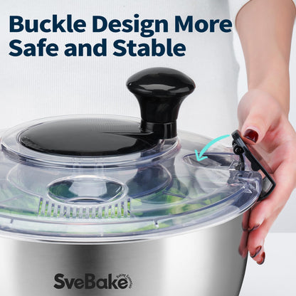 SveBake Stainless Steel Salad Spinner, 4.8 Qt Vegetable Washer, BPA-Free Lettuce Dryer with Crank Design, Dishwasher Safe, Non-Slip Base - Transparent Lid