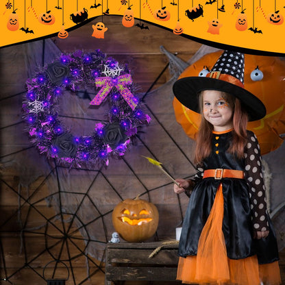 Halloween Wreath for Front Door with Lights,13 Inch Spider Web and Black Rose Wreath Halloween Decorations for Indoor Window Party Holiday Wall Home Decor (Spider Web)