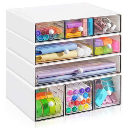 AZ. MIFENO Desk Organizer with 9 Drawers, 4 Tiers Stackable Storage Drawers, Desktop Storage Box with Clear Drawers for Stationery, Makeup, Jewelry, Office and Craft Supplies (White)