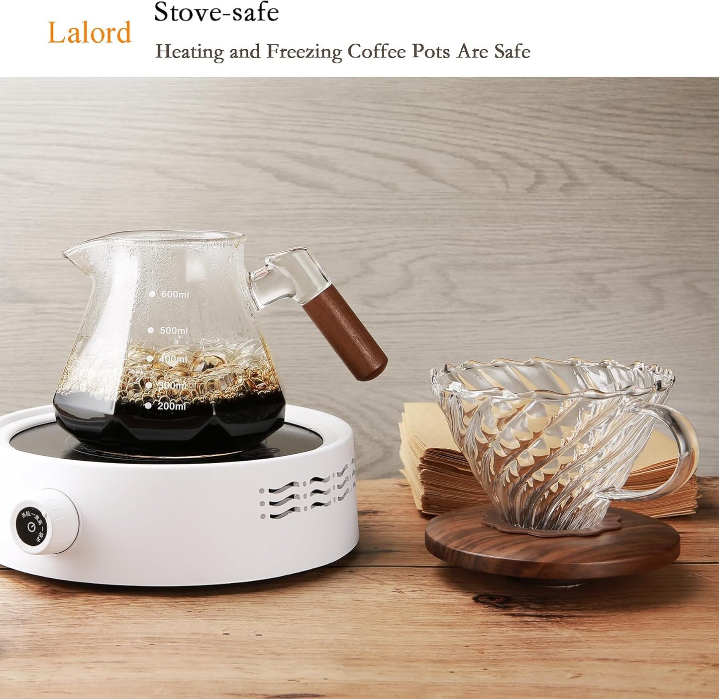 Pour Over Coffee Maker, 20 oz Borosilicate Glass Set with 100 pcs V60 Paper Filter, Walnut Collar