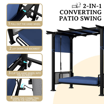 BlueWish 3-Seat Porch Swing, Outdoor Metal Pergola Swing Bed Hanging Cloud Swing Chair with Adjustable Curtains, Patio Hammock Swinging with Cushion for Porch, Backyard, Garden, Blue