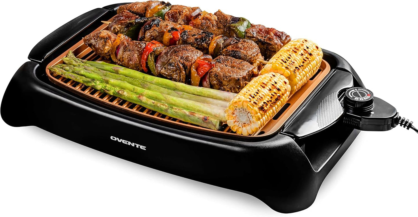 OVENTE Electric Indoor Grill, 13x10 Inch Non-Stick Surface, 1000W Fast Heat, Adjustable Temperature, Dishwasher Safe