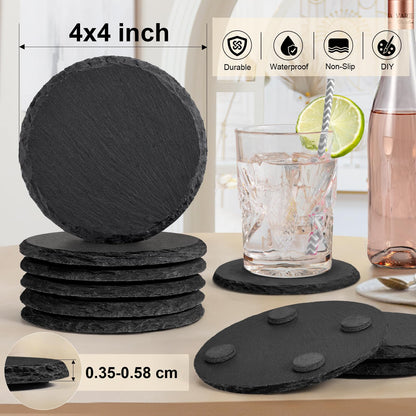 60 PCS Black Slate Stone Coasters Bulk, MAPRIAL 4 Inch 20 PCS Square, 20 PCS Round, 20PCS Hexagon Handmade Drink Coaster for Laser Engraving, Engravable Blanks Material for Engraver, Gifts, Halloween