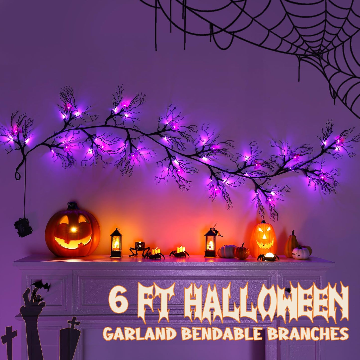 Joyhalo Halloween Garland with Lights Decorations with Bat Lights,Battery Operated 6FT 48 LED Halloween Willow Vine Twig Garland for Mantle,Wall,Fireplace and Halloween Decorations
