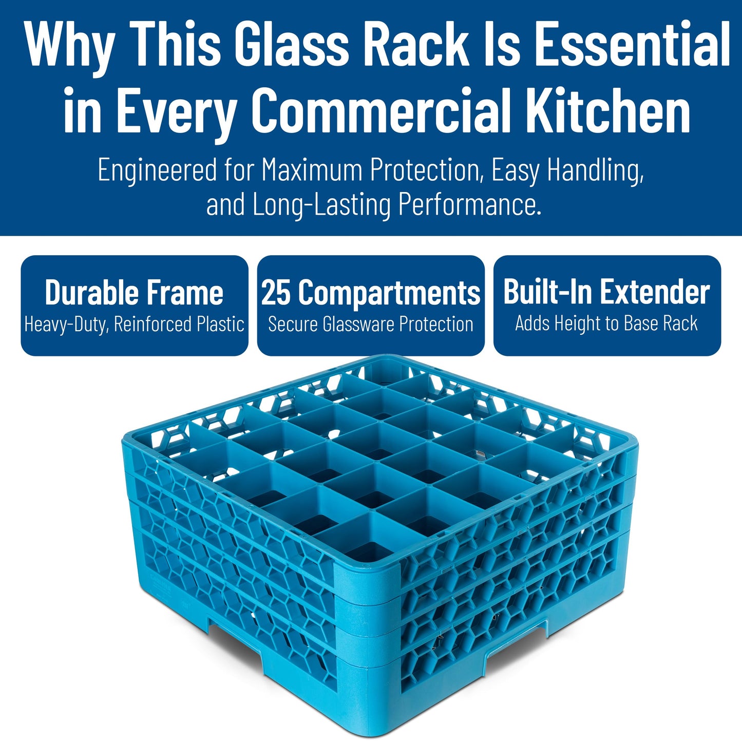 Carlisle FoodService Products Opticlean 25-Compartment Divided Glass Rack with 3 Extenders, Plastic, 19.875 x 19.875 x 8.5 Inches, Carlisle Blue