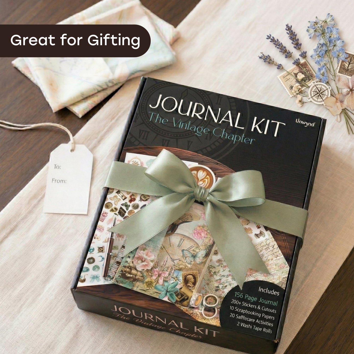 Unwynd Vintage Chapter Journal Kit Scrapbooking Kit, Aesthetic Flower Scrapbook Kit for Bullet Junk Journal, Washi Tape, Stickers, Papers DIY Journaling Supplies,Gift Adult Women Beginner Calligraphy
