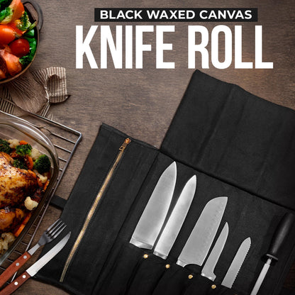 Chef Knife Roll Bag - Durable 6 Slot Black Waxed Canvas Knife Roll- Water Resistant Standard Knife Bag w/ Roll Tie, Large Zippered Pouch & 6 Plastic Knife Guards-Fits knives up to 2” wide & 15” long
