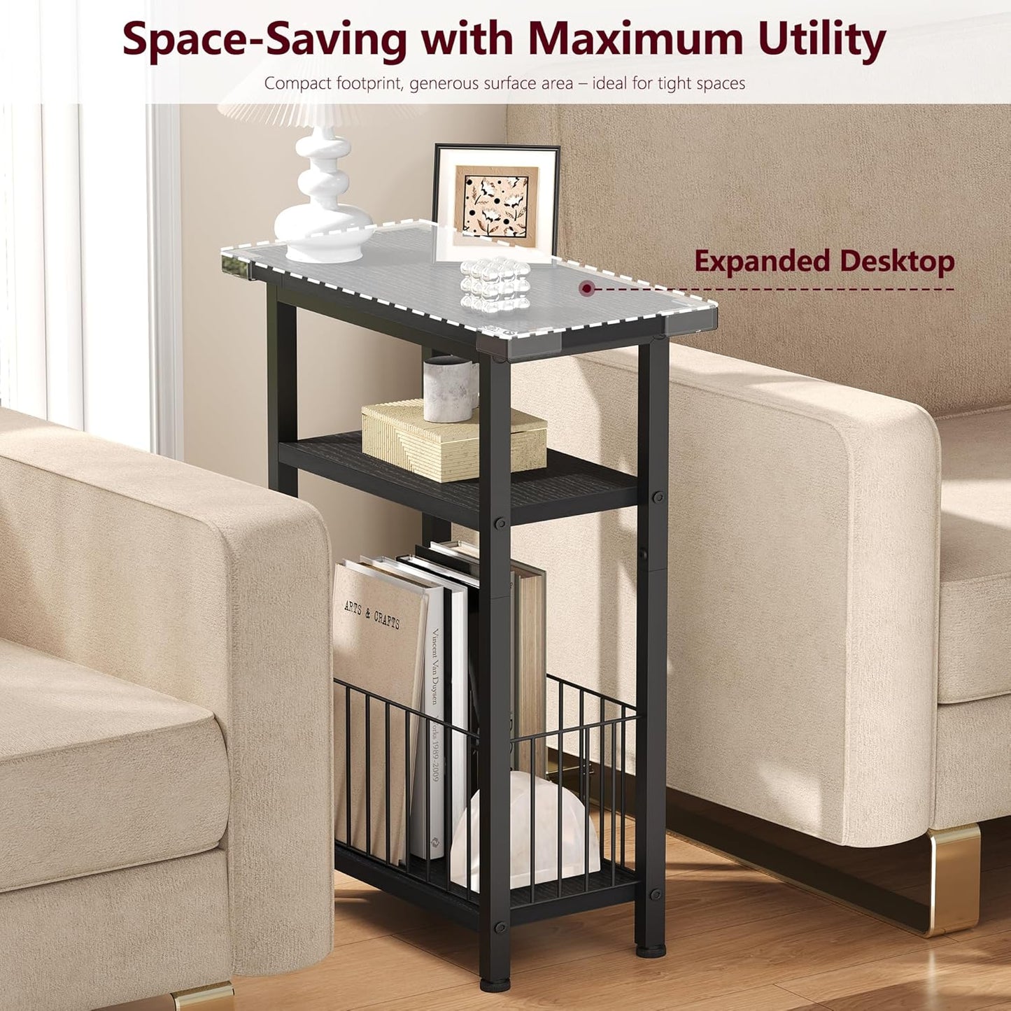 25.2" HET004BK1 Heybly Small Narrow Side Table for Small Space, Thin Bedside Table with Storage Basket, Skinny End