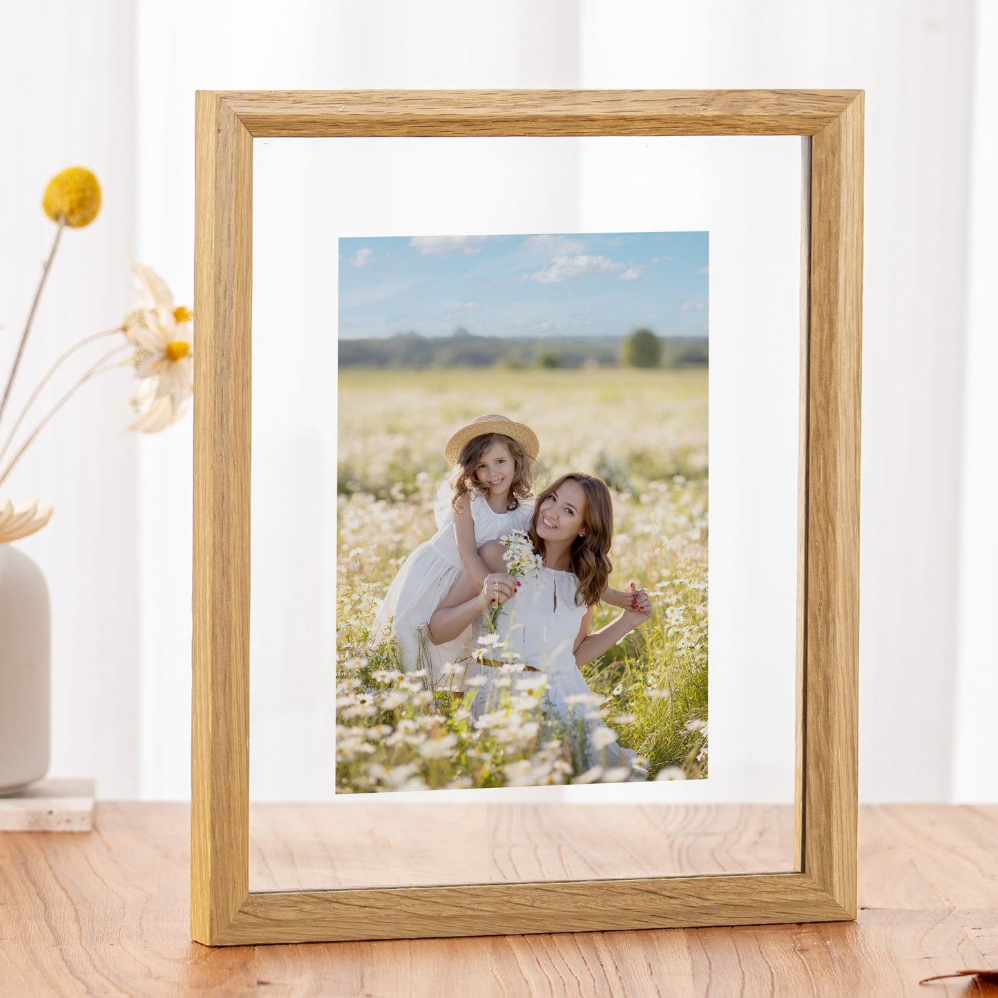 Axeman 8x10 Floating Picture Frame - Solid Oak Wood Picture Frame, Double Tempered Glass Photo Frame 2x3 4x6 5x7 6x8 8''x10'' Wood Frame, Wall Mount Or Tabletop Standing, Natural