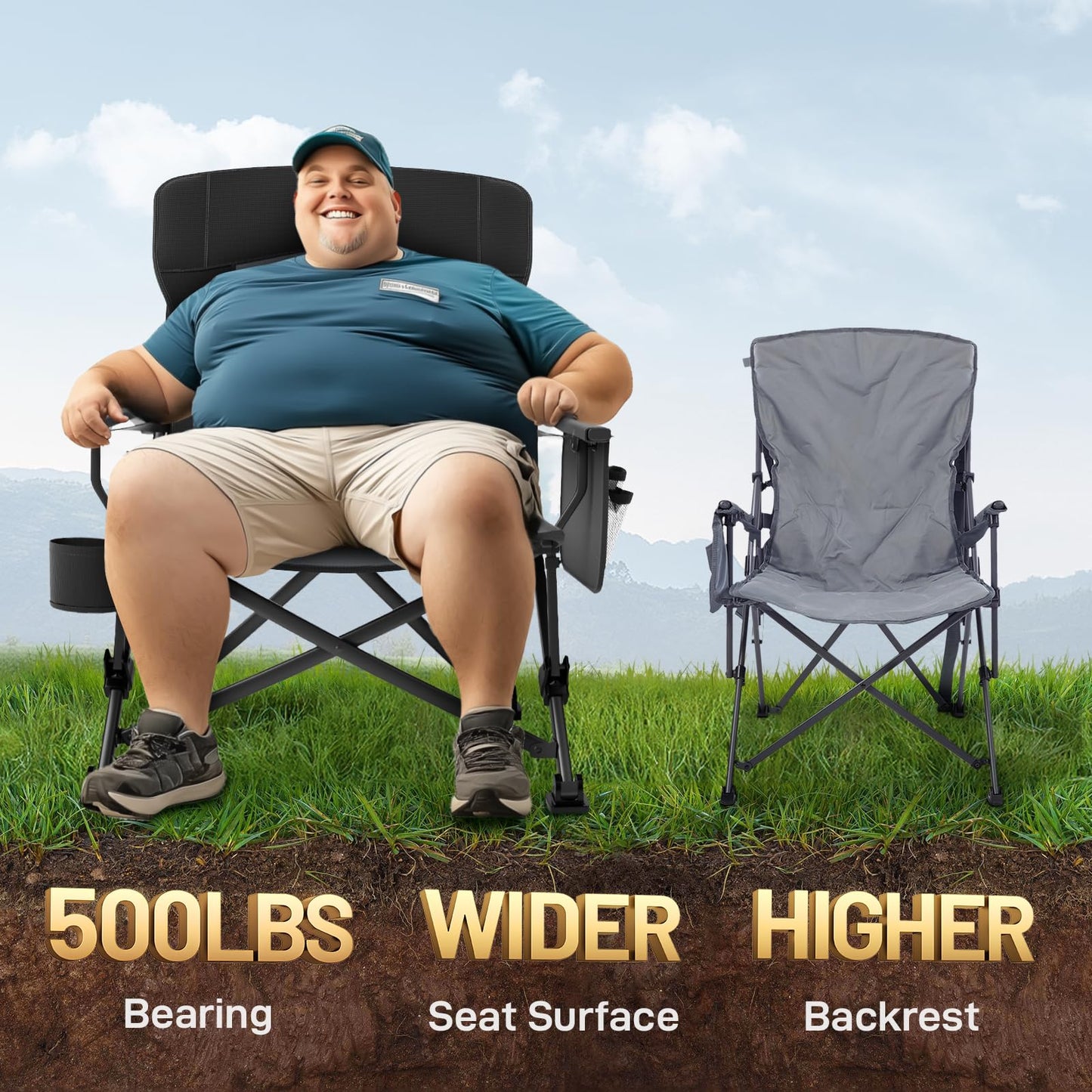 EVER ADVANCED Oversized Folding Camping Chair for Adults with Adjustable Lumbar Support, Heavy Duty Chair with Side Pockets, Portable Collapsible Quad Chair for Outside, Support Up to 500lbs,Black