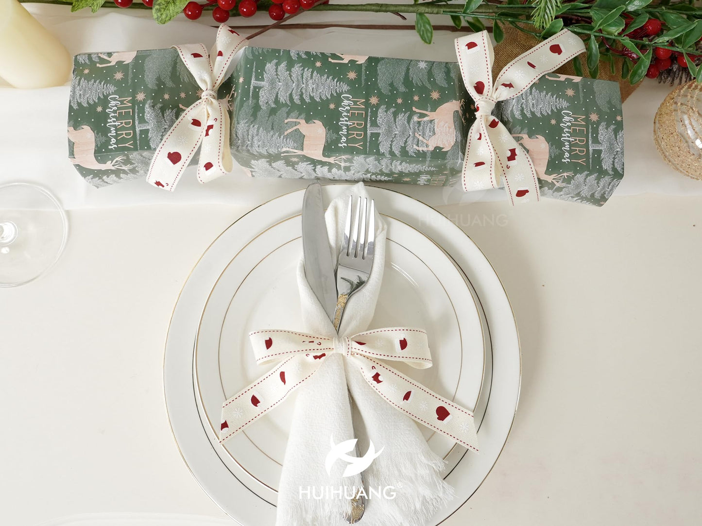 HUIHUANG Rustic White Christmas Ribbon for Gift Wrapping 7/8" Wide x 25 Yards Twill Cotton Ribbon with Snowflake & Stocking Ribbons for Home Decor, Tree Ornaments, Wreaths, DIY Crafts