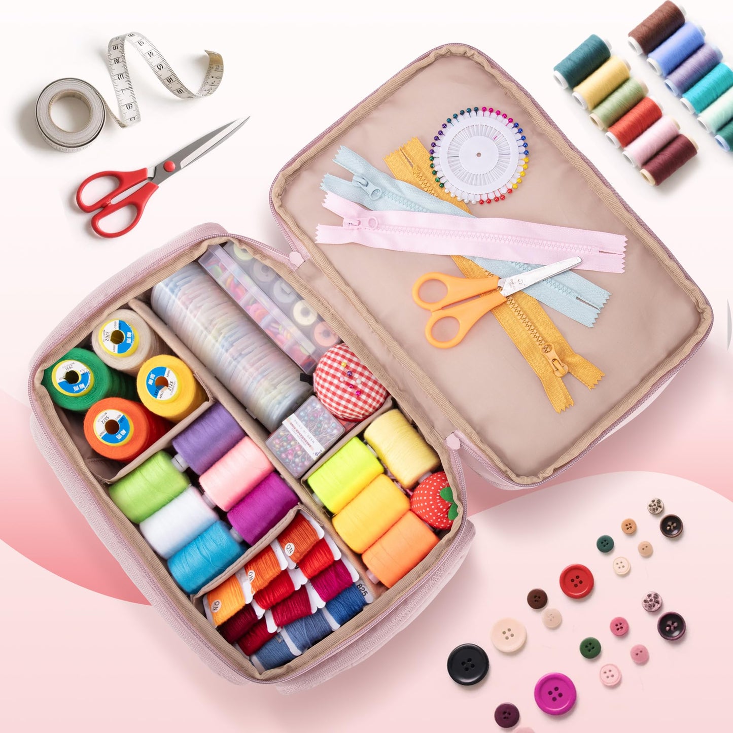 Marscamd Puffer Sewing Organizer Bag, Large Capacity with Multiple Pockets and Detachable Dividers, Storage Box for Threads, Needles, Scissors, Craft Supplies, Pink (Bag ONLY, NO Supplies)