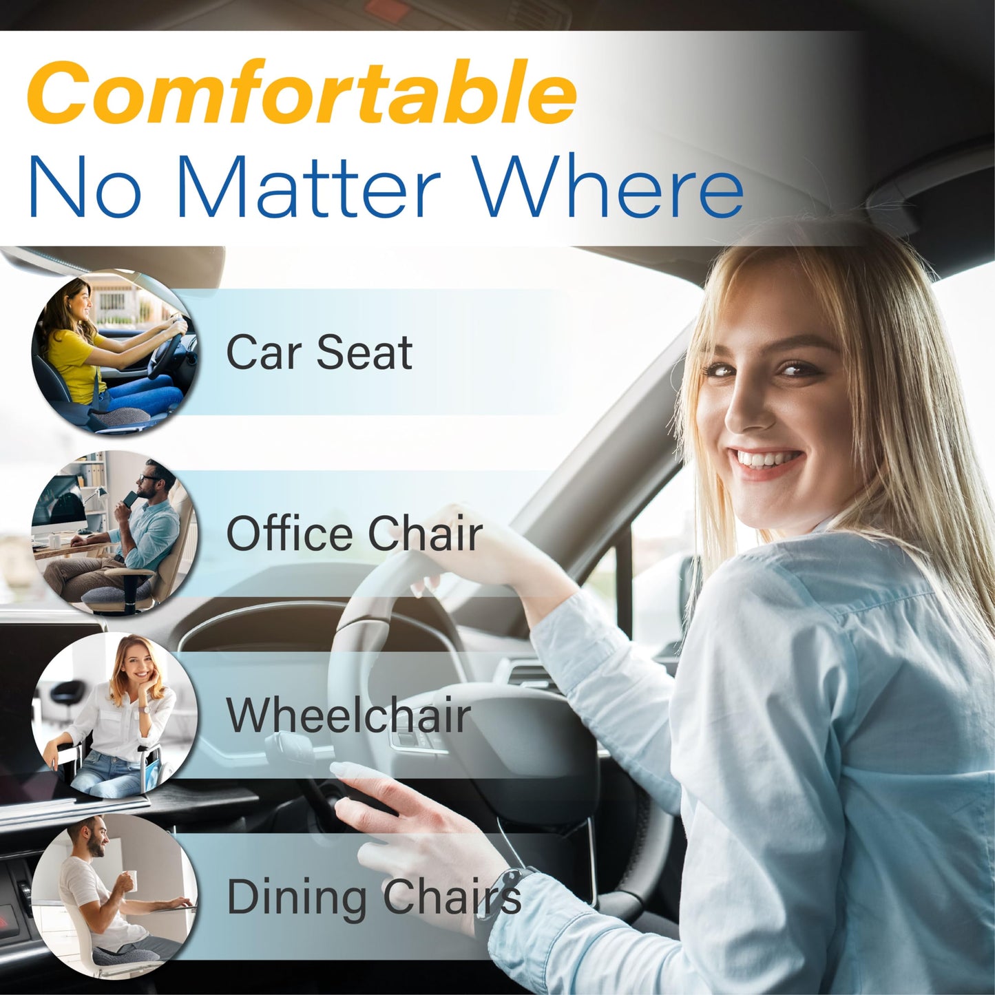 Car Seat Cushion, Ergonomic Memory Foam Car Cushion for Sciatica Pain Relief, Larger Driving Seat Pillow for Short Drivers on Long Drives - Butt Pillow for Truck, Office, Wheelchair - Black&Gray