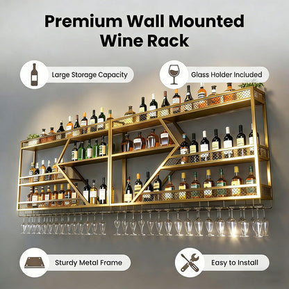 Wall Mounted Wine Rack, 71 Inch, 3-Tier Metal Bottle Shelf with Wine Glass Holder and LED Lights, Industrial Style for Home Bar, Restaurant (Gold, 71in)