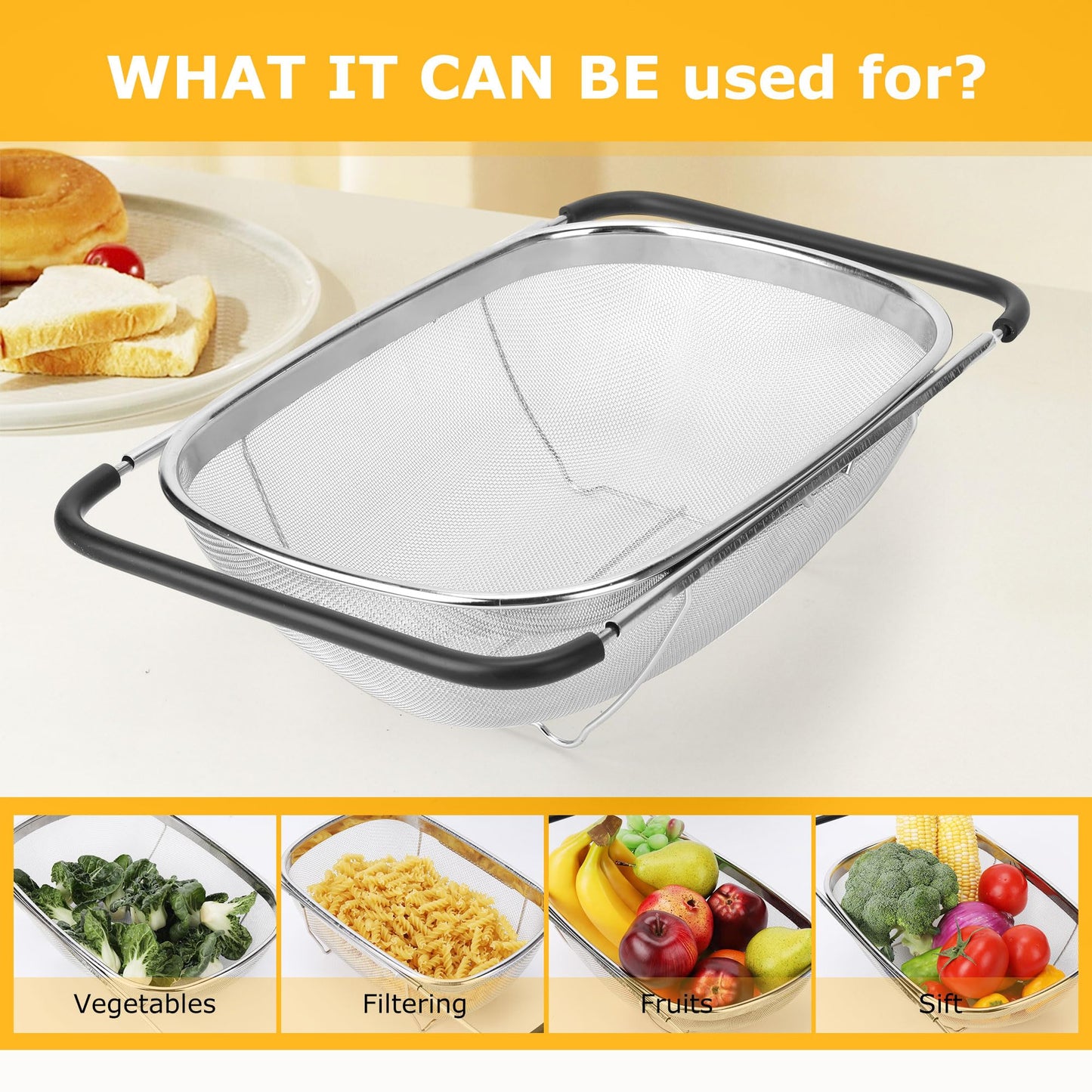 ZDRongZhen Kitchen Accessories Over the Sink Colander Strainer Basket，Stainless Steel Colander with Expandable Rubber Grip Sink Drainer-Rinse Vegetables Fruits &Strain&Drain (Large-Dense round hole)