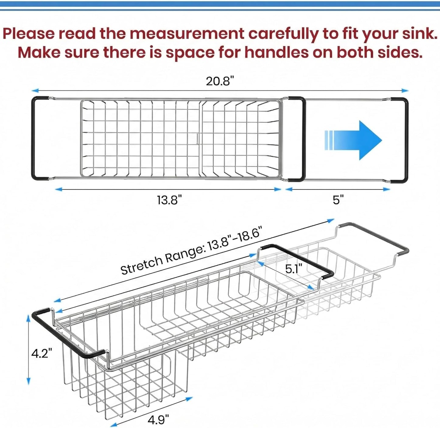 13.8" 20.8", TreeLen Over The Kitchen Sink Caddy Sponge Holder Organizer Drying Rack Expandable for Sponge Brush Soap