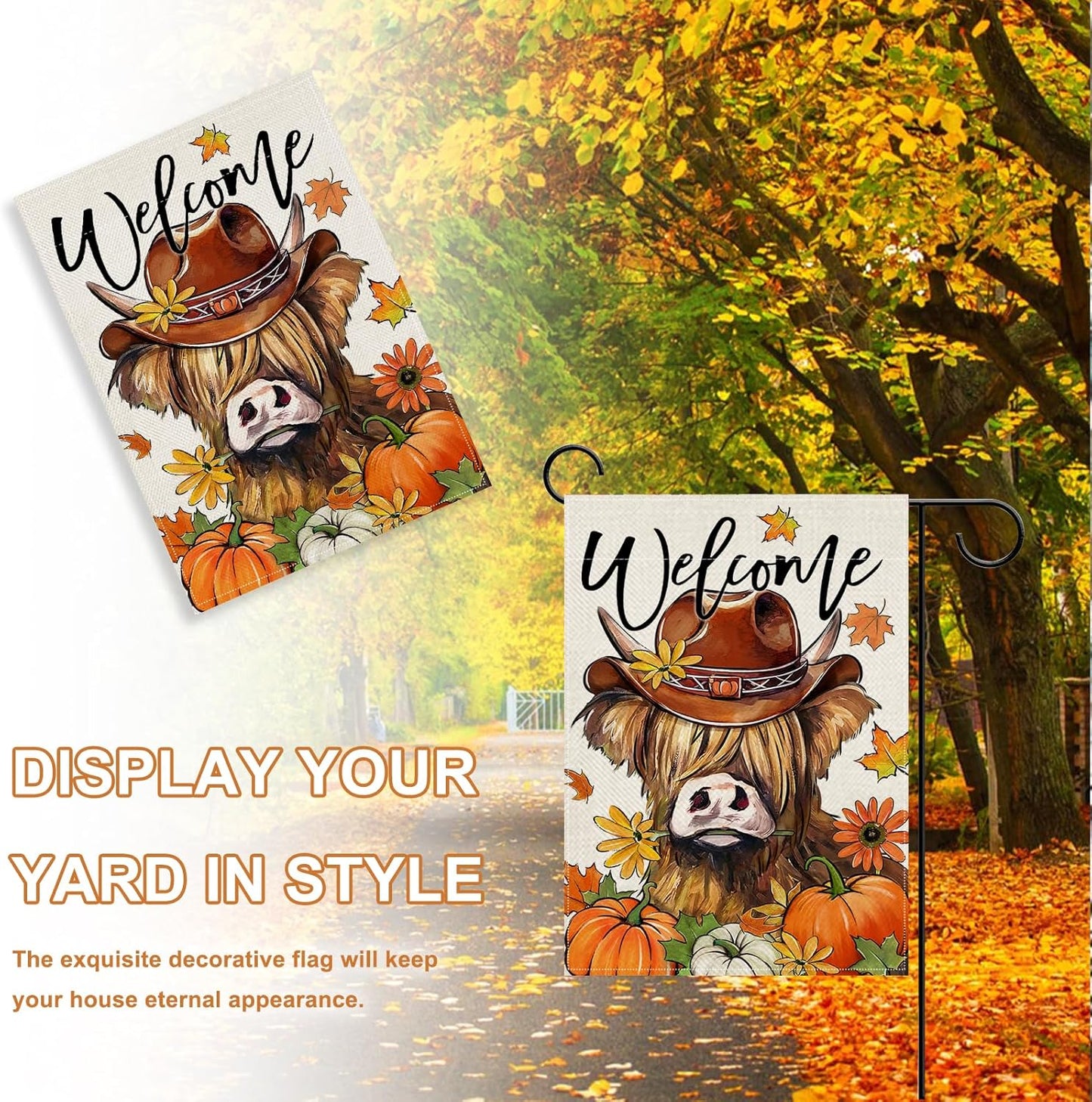 Welcome Fall Highland Cow Decorative Garden Flag, Autumn Farm Animal Pumpkin Maple Leaves Yard Decor 12 x 18