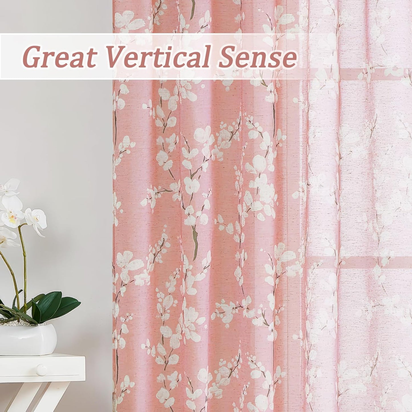 FMFUNCTEX Linen Sheer Curtains, Blush Pink Blossom Patterned, 96 Inches Long, Floral Drapes for Kids Room and Living