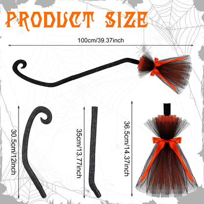 Lenwen 3 Pcs Halloween Witch Broom Plastic Witch Broomstick with Ribbons for Women, Halloween Party Costume Accessories(Black, Purple, Orange)