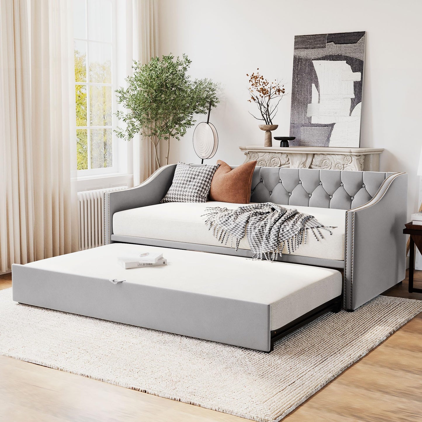 Merax Twin Size Upholstered Velvet Daybed with Pop Up Trundle, Multi-Functional Sofa Bed with Backrest and Two Armrest for Guest, Living Room, Gray
