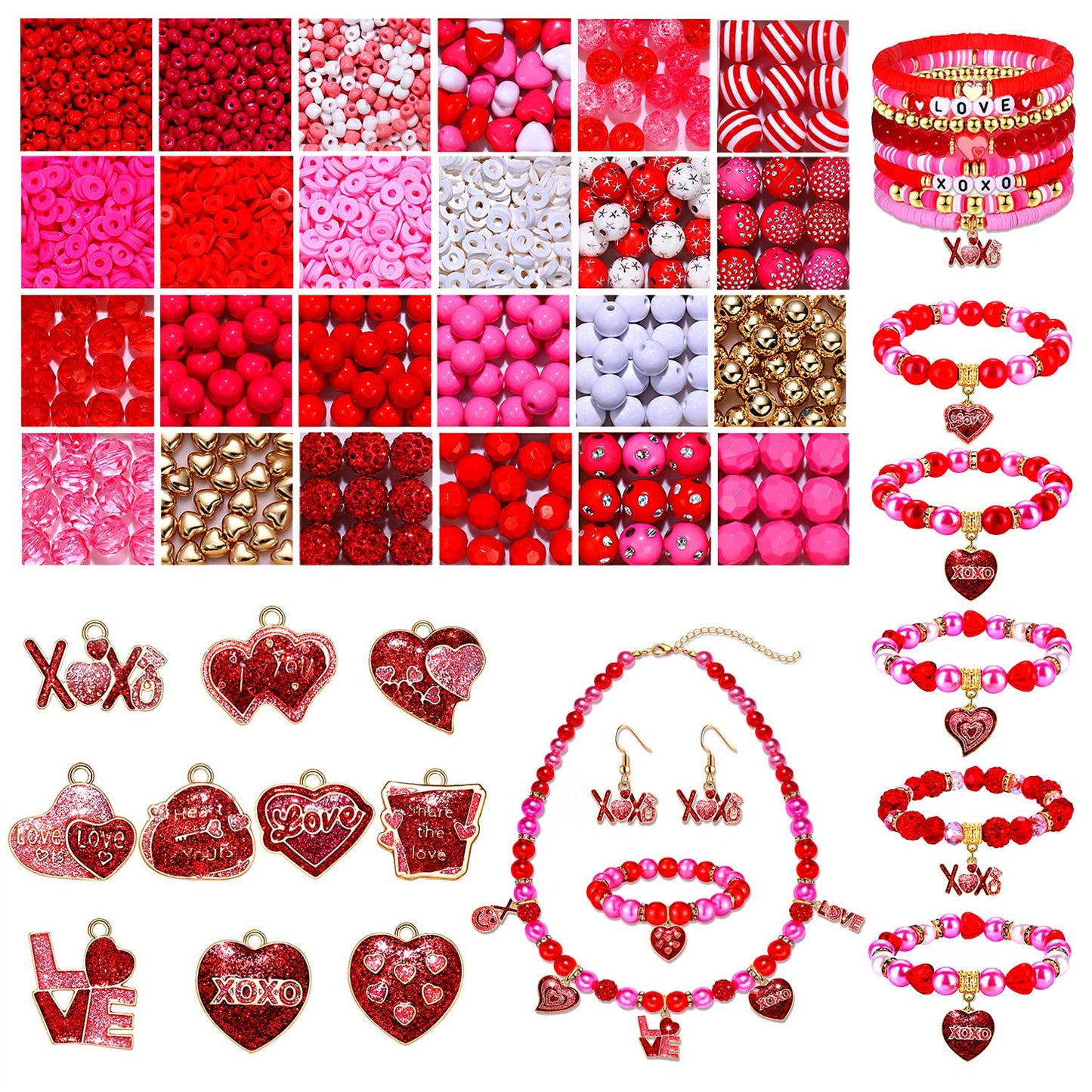 2300PCS+ Valentine’s Day Beads for Jewelry Making, Red Polymer Clay Beads Assorted Rhinestone Crystal Acrylic Beads Spacer Bead Heart Charms for Bracelet Necklace Making DIY Crafts (2300PCS A)