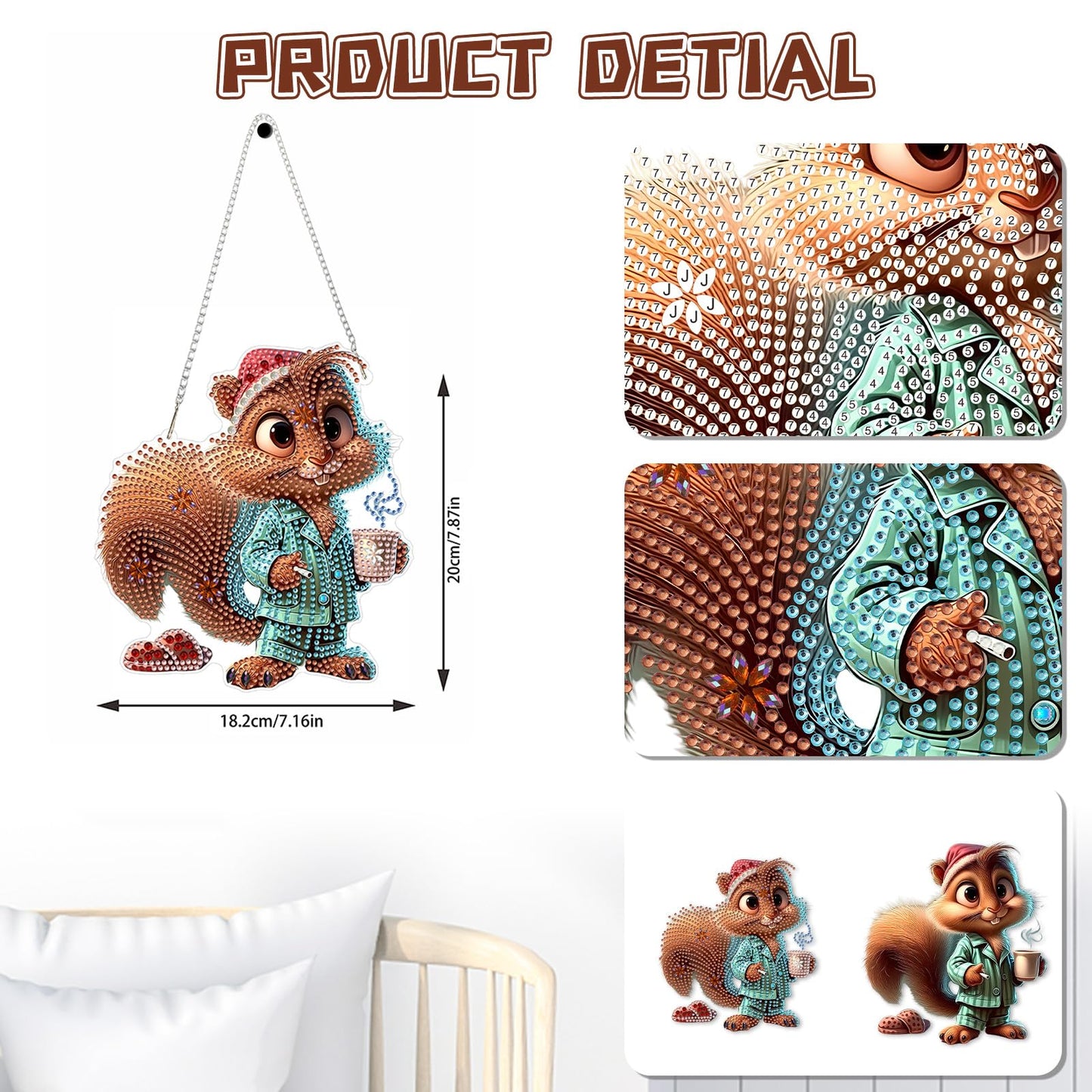 KEYIFA Coffee Addiction Diamond Art Hanging Kits with Chain, Special Shaped Drill Diamond Painting Pendant, Squirrel Crystal Gem Art Pendant 5D Window Crafts for Wall Garden Door Decor (Width 7.9 in)