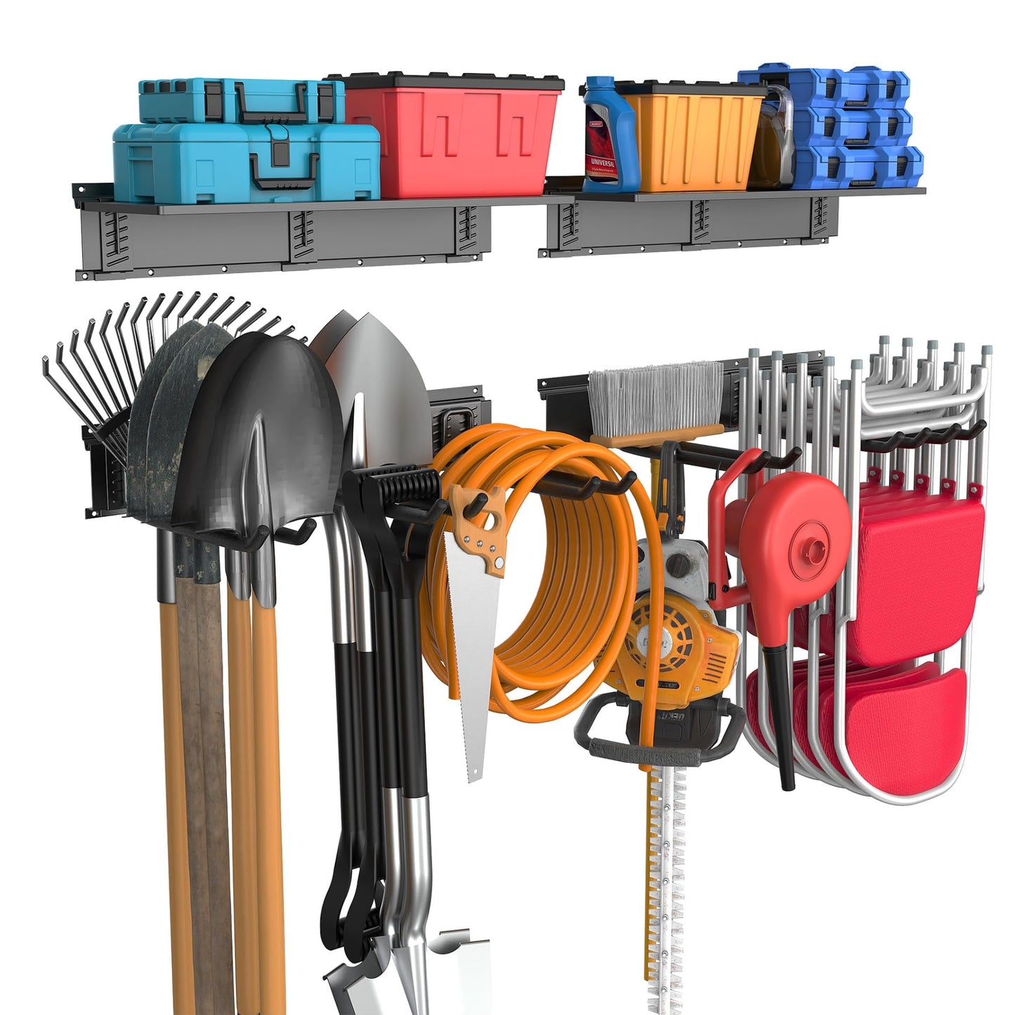 WALMANN Wall Mounted Garden Tool Rack with Shelves for Garage, Heavy Duty Folding Chair Hangers, 11-Inch Tool Storage Hooks for Shovels, Rakes, Ladders(Tool Rack with Shelf)