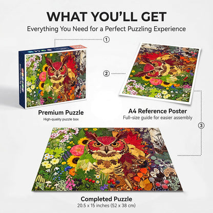 500 Piece Jigsaw Puzzle for Adults - Botanical Owl Four Seasons Pressed Flower Collage - Colorful Nature Art Style 20.5x15 in with Reference Poster - Unique Wall Art Gift