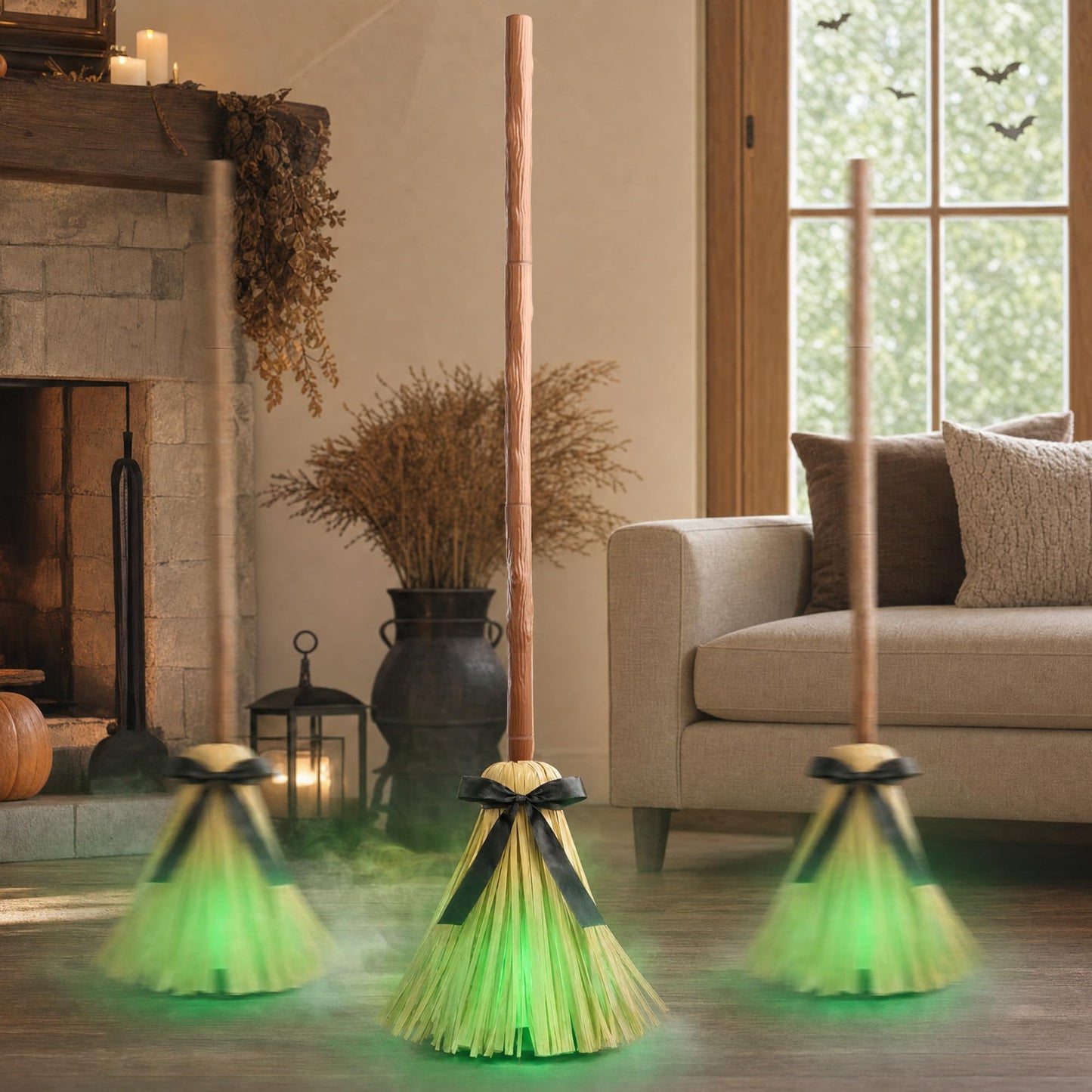 Halloween Decorations Indoor - 49" Animated Floating Lighted Witch Broom with Spooky Sound/Mute Mode - Dancing Magic Broom for Home Party Decorations